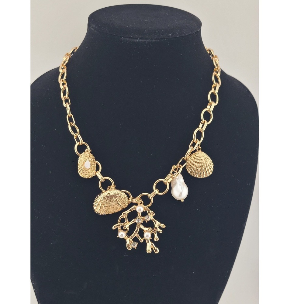 INC International Concepts Gold Tone Reef Charm Necklace Faux Pearl Shell Coral